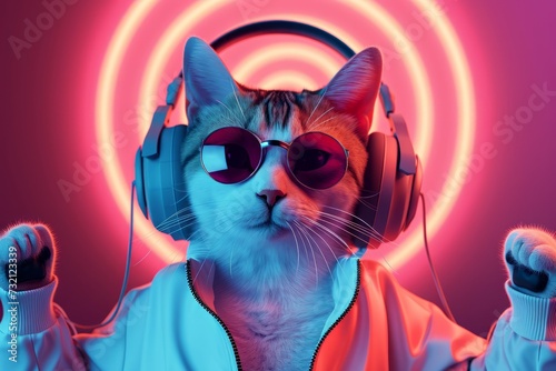 Cool cat wearing headphones. Background with selective focus and copy space © top images