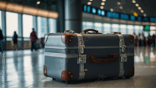 Big gray travel suitcase on airport terminal background from Generative AI