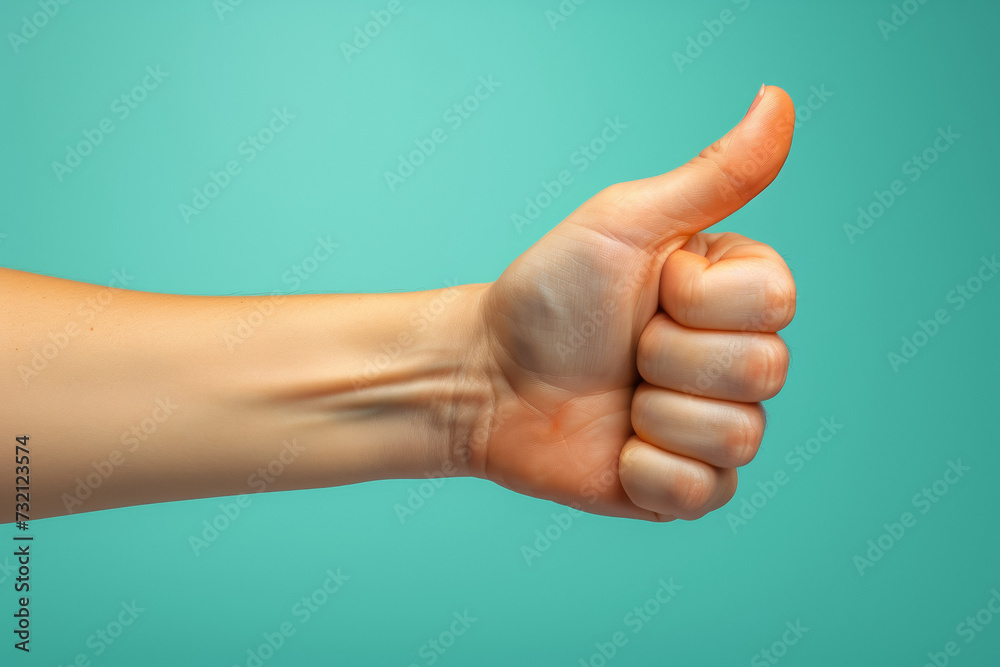 Thumbs up gesture in studio, advertising concept. Background with selective focus and copy space Thumbs up gesture in studio, advertising concept. Background with selective focus and copy space