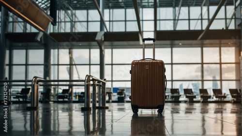 Big brown travel suitcase on airport terminal background from Generative AI