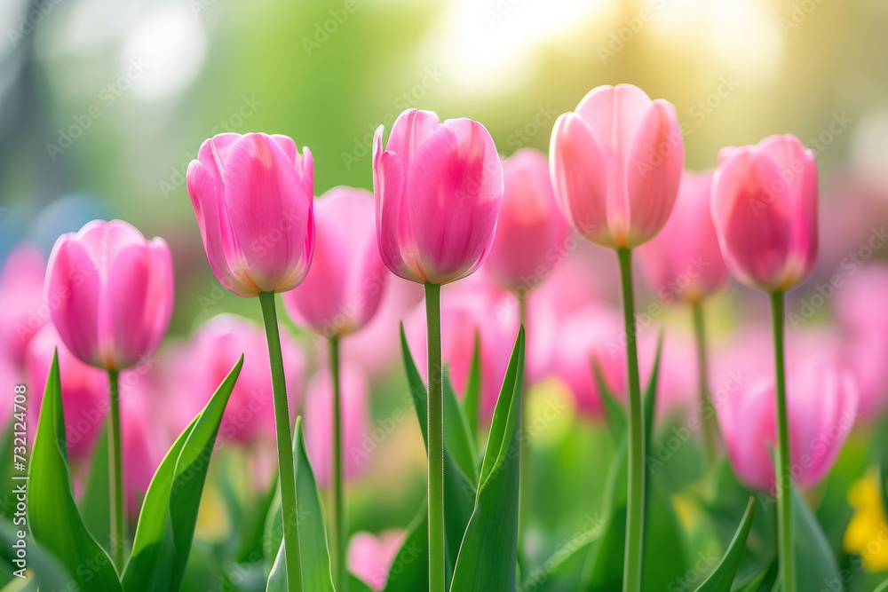 Spring tulips with sunlight. Background with selective focus and copy space