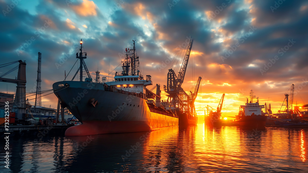 cargo ship in harbor at sunset industrial maritime logistics cranes and shipping dock cargo ship in harbor at sunset industrial maritime logistics cranes and shipping dock