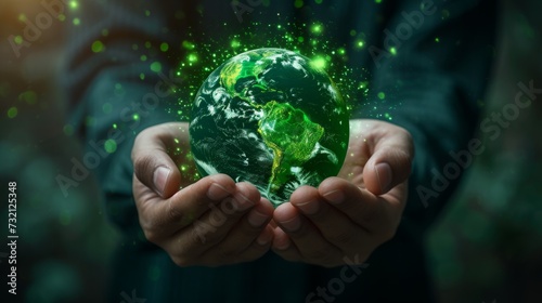 Confident businessman's hand tightly holding a shining globe icon. It shows strength, determination and unwavering determination in business.