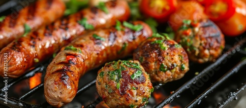 Cooking sausages and meatballs on a grill, a delicious fast food dish made with meat ingredients, showcasing the knackwurst's grilling knack. photo