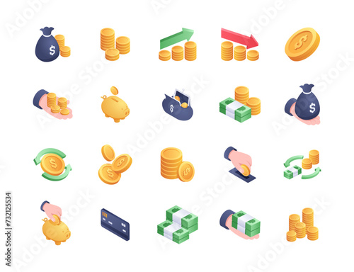 Coins isometric icons vector set