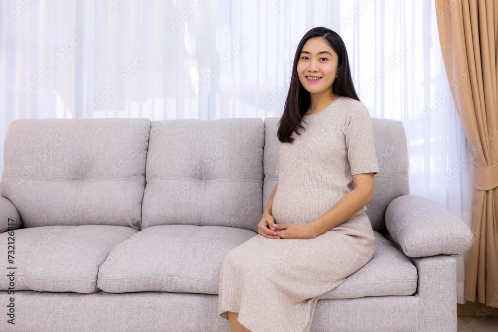 Smiling beautiful pregnancy woman sitting on sofa by the window of her home, showcasing beauty and a positive lifestyle.Asian pregnant female.White background with copy space.Hand on tummy or belly. Smiling beautiful pregnancy woman sitting on sofa by the window of her home, showcasing beauty and a positive lifestyle.Asian pregnant female.White background with copy space.Hand on tummy or belly.