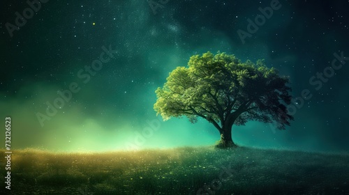 Magic landscape with lonely tree and starry sky.