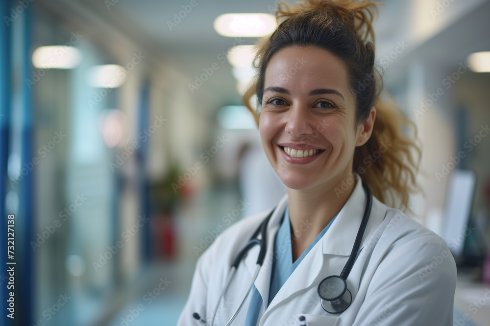 Fototapeta premium Female Doctor in the Hallways of a Hospital, Portrait of an Experienced Healthcare Professional in a Health Center, Smiling with Copy Space