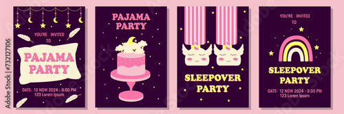 Set of invitations or posters for pajama party. Themed bachelorette party  sleepover or birthday party. Vector illustration