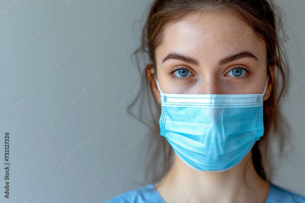 Nurse with Mask, Portrait of a Doctor on a White Background with Beautiful Blue Eyes, Copy Space Nurse with Mask, Portrait of a Doctor on a White Background with Beautiful Blue Eyes, Copy Space