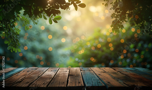 Empty wood table top on bokeh and blur abstract green background with golden lights. Product display template. Display mockup, montage your product, design key visual layout photo