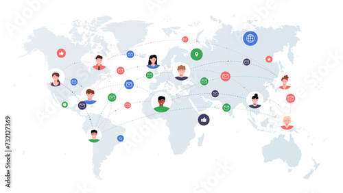 People avatars at world map vector concept
