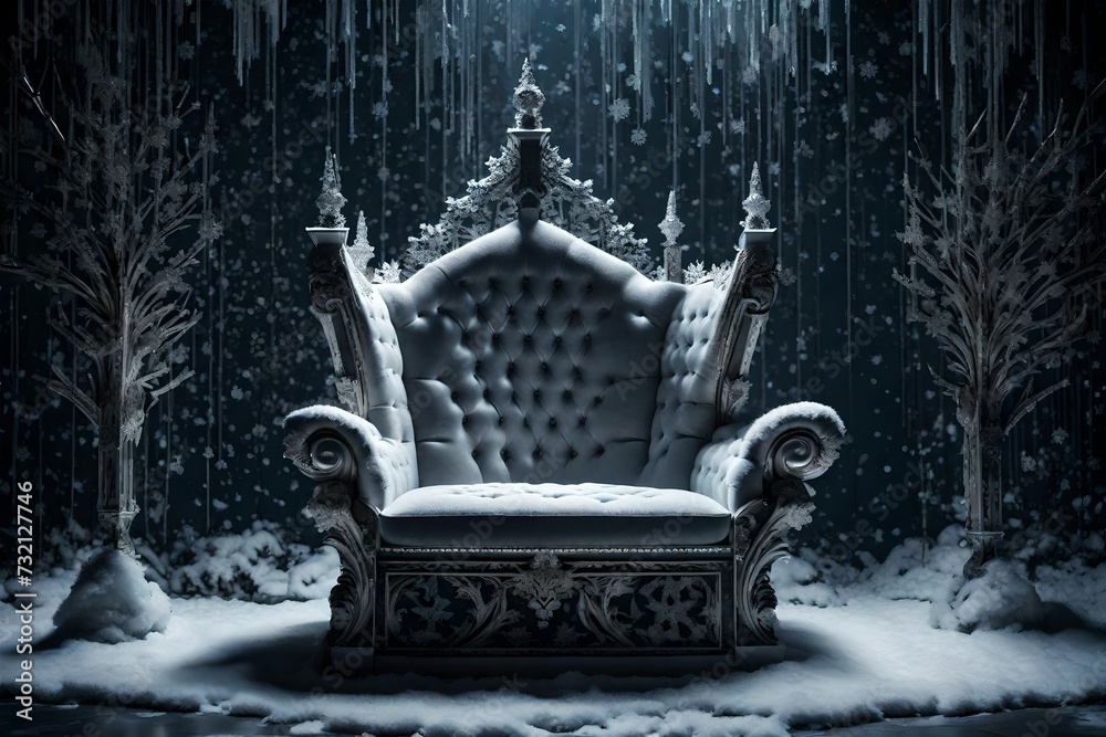 Witness the majestic elegance of an HD image capturing a throne made of grey, embellished with large snowflakes, set against a captivating dark background.