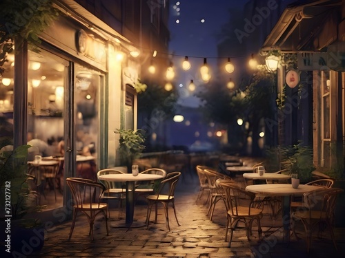 Street cafe with tables and chairs at night
