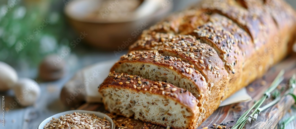 A loaf of bread rests on a wooden cutting board, a perfect addition to any tableware or recipe as a versatile ingredient for baked goods or in dishes like babi panggang. A loaf of bread rests on a wooden cutting board, a perfect addition to any tableware or recipe as a versatile ingredient for baked goods or in dishes like babi panggang.