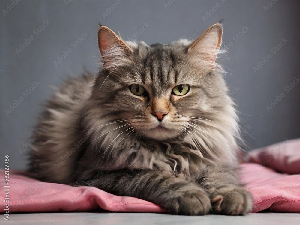 beautiful long haired siberian cat on a gray background
