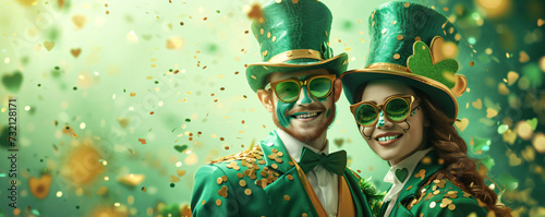 The company of happy people wearing carnival costumes and hats and celebrate St. Patrick's Day. Have fun and rest. Vacation and travel concept