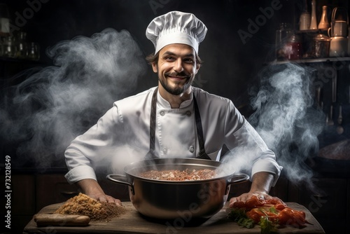 Efficient Male kitchen chef. Gourmet restaurant chef in white uniform. Generate ai