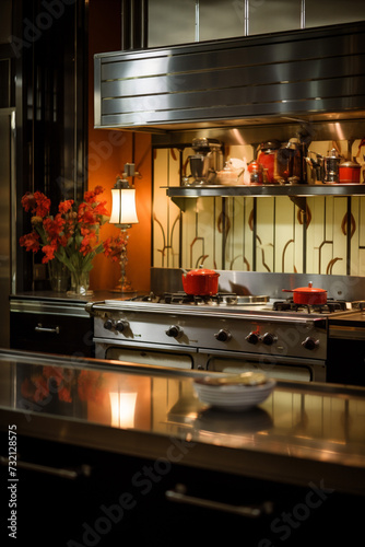 Photo realistic art deco kitchen decorated with warm tones