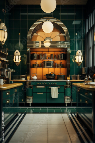 Photo realistic art deco kitchen decorated with dark green tiles