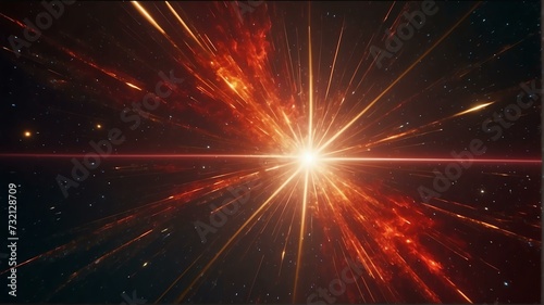 Asymmetric red light burst with rays and golden sparkles bokeh on space cosmos galaxy background from Generative AI