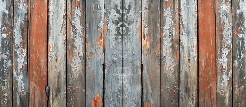 A detailed view of a deteriorating wooden fence with peeling paint, showcasing the textured hardwood surface.