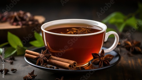 Cup of tea with star anise and fresh herbs created with Generative AI