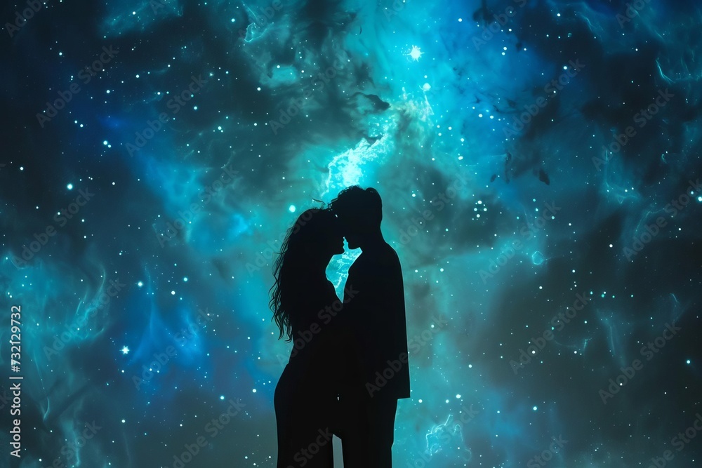 Couple silhouette against a cosmic background Exploring themes of love Connection And the vastness of the universe Couple silhouette against a cosmic background Exploring themes of love Connection And the vastness of the universe