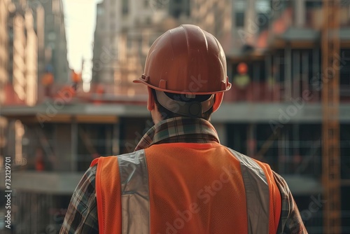 Construction worker with a hard hat and work vest on a construction site Showcasing determination Skill And the importance of safety and professionalism in the building industry