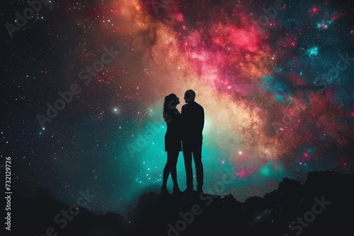 Couple silhouette against a cosmic background Exploring themes of love Connection And the vastness of the universe © Bijac