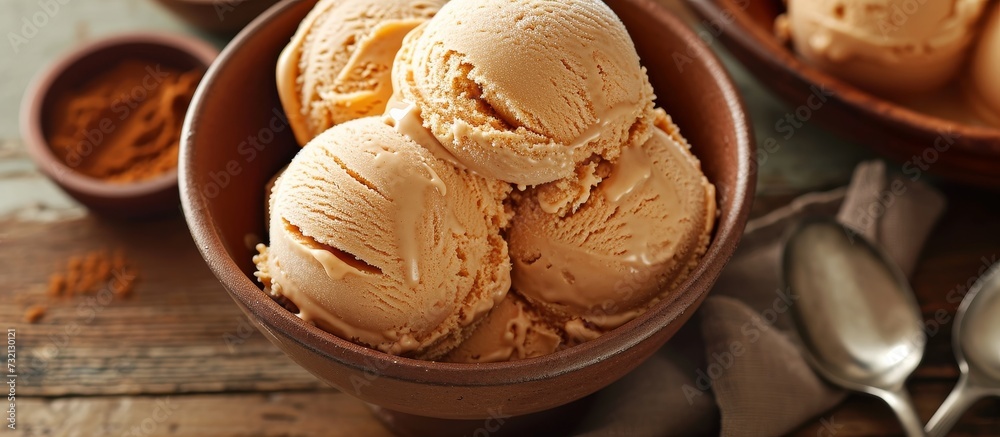 Soy ice cream served alongside spoons on a wooden table, a mouthwatering dessert ready to be enjoyed. Soy ice cream served alongside spoons on a wooden table, a mouthwatering dessert ready to be enjoyed.