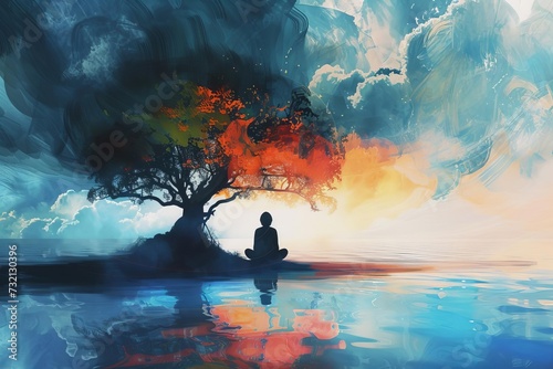 Visual metaphor for mindfulness and self-reflection Depicting a person meditating with an abstract thought tree © Bijac