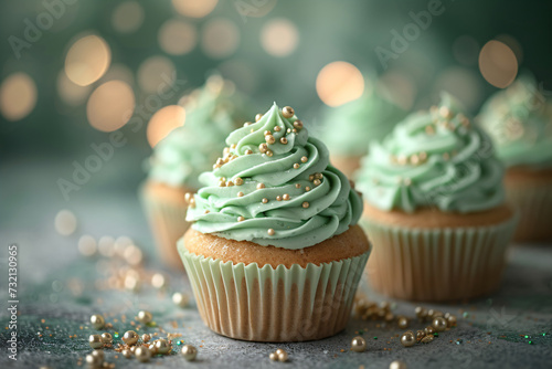 Decorated green cupcakes with cream and icing on blurred background. Food for holidays, birthday, weeding . St. Patrick's Day. Cafe, recipe, menu concept. Card, poster, banner with copy space