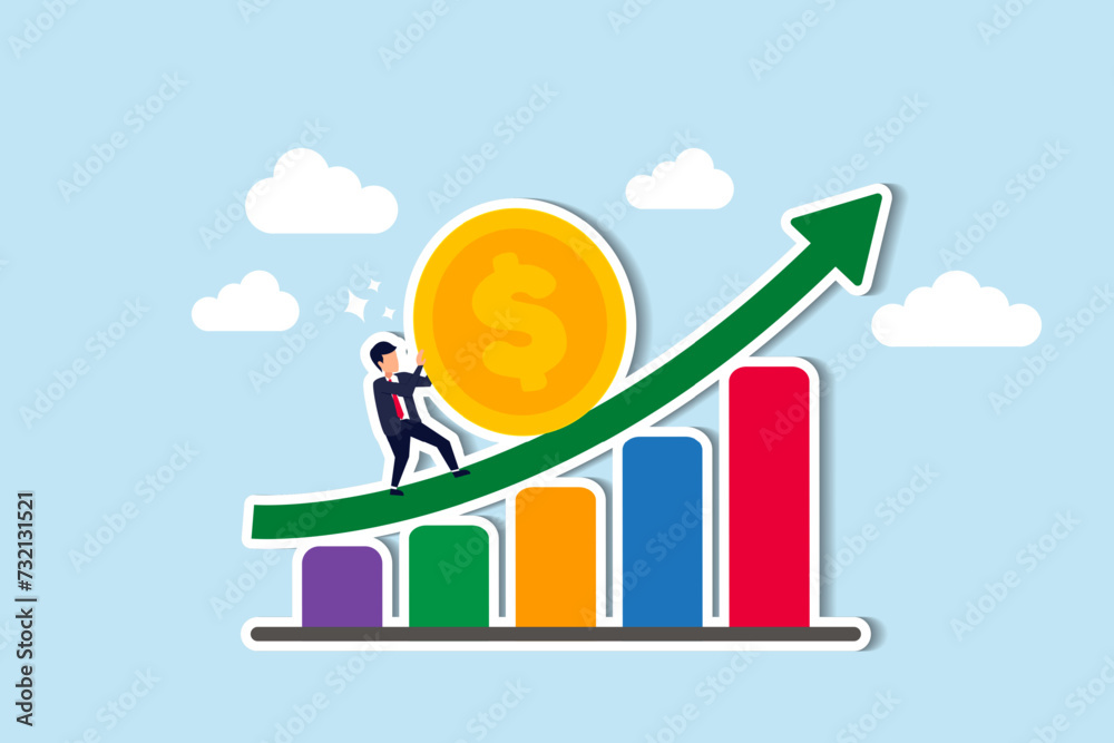 Compound interest fuels exponential wealth growth, amplifying profits investments enhancing wealth management long term pension fund growth concept, businessman push money coin up exponential graph. Compound interest fuels exponential wealth growth, amplifying profits investments enhancing wealth management long term pension fund growth concept, businessman push money coin up exponential graph.