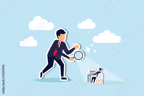 Toxic micromanagers excessively supervise, controlling every detail of employee work, fostering a toxic environment, micromanager boss using magnifying glass keep looking at employee working.