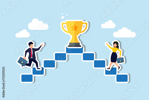 Business competition motivates employees, fostering rivalry, contest, and effort towards success concept, businessman and businesswoman walk up stair compete to win trophy.