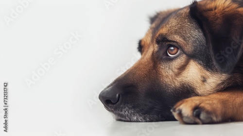 German shepherd dog lying on white background with copy space for text.