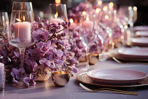 Beautifully set table with candles and bouquets of purple orchids