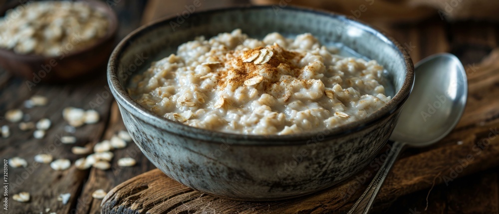 A wholesome bowl of oatmeal on a rustic wooden table. Generative AI. A wholesome bowl of oatmeal on a rustic wooden table. Generative AI.
