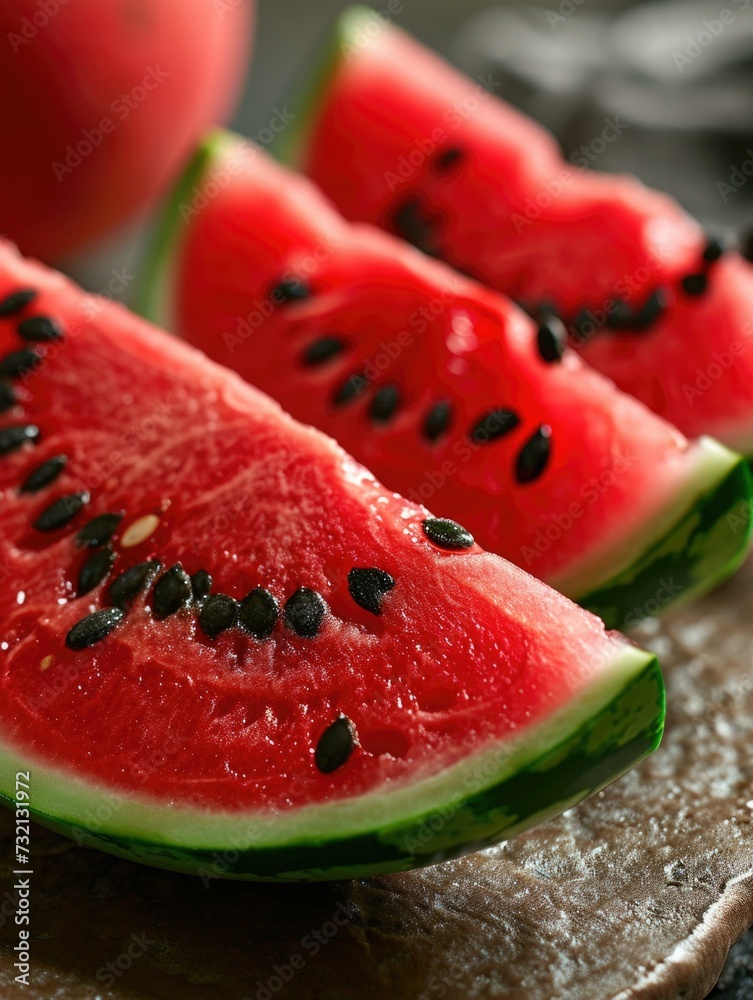 A juicy slice of watermelon with black seeds. Generative AI. A juicy slice of watermelon with black seeds. Generative AI.