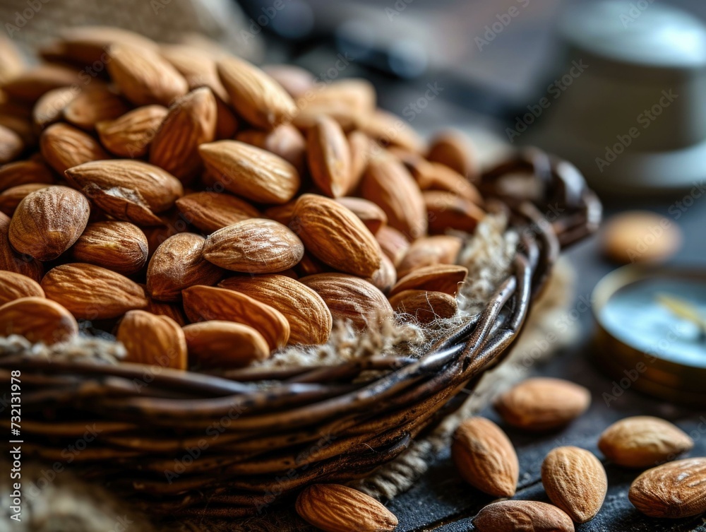 A rustic basket of organic almonds on a wooden table, a healthy snack for a balanced diet. Generative AI. A rustic basket of organic almonds on a wooden table, a healthy snack for a balanced diet. Generative AI.