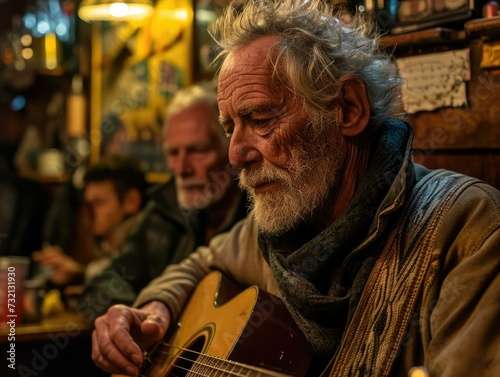 An old man strums his guitar, filling the pub with soulful melodies. Generative AI.