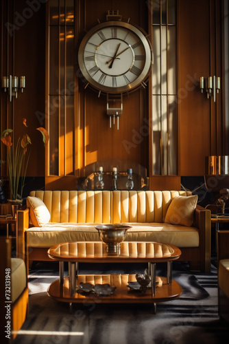 Photo realistic art deco living room decorated with big wall clock