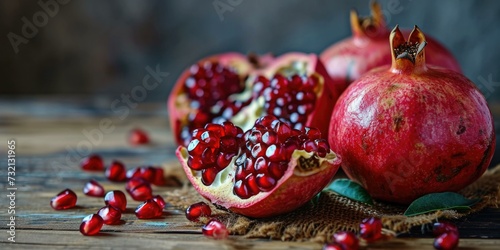 A calorie-counting pomegranate with sweet arils on a wooden table. Generative AI.