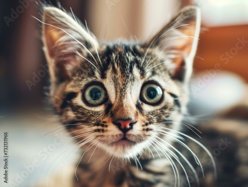 A cute tabby kitten with big, wide eyes looking directly at the camera. Generative AI.
