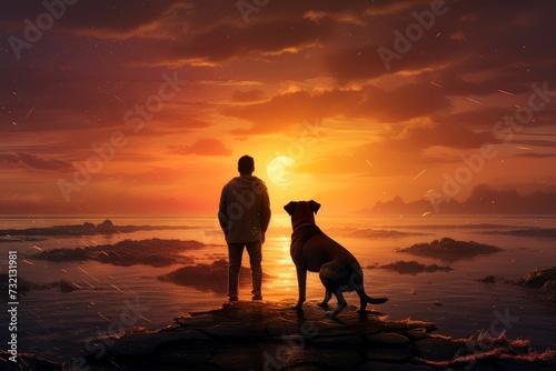 Tranquil Man dog sunset active. Pet animal. Generate Ai © juliars