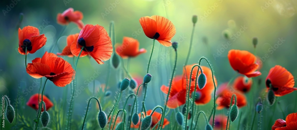 A meadow filled with red poppy flowers, a beautiful sight in the natural landscape showcasing these flowering plants in their ecoregion. A meadow filled with red poppy flowers, a beautiful sight in the natural landscape showcasing these flowering plants in their ecoregion.
