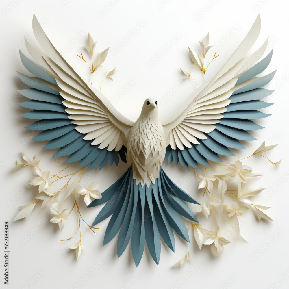 Obraz premium Elegant Paper Craft Dove with Olive Branches on White Background