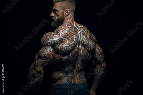 Bold Man tattoo body. Macho brutal. Generate Ai