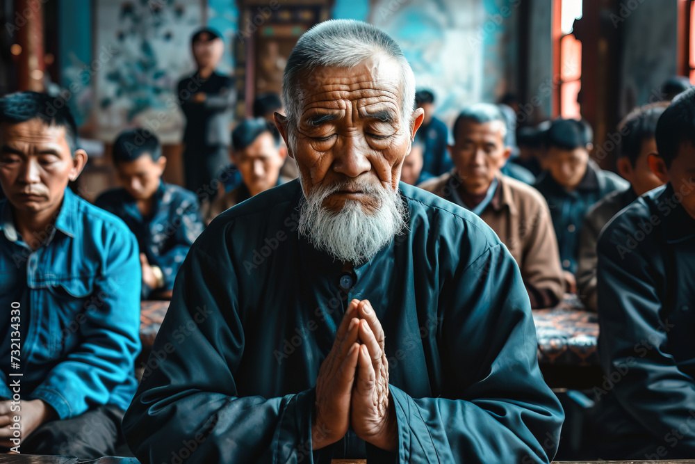 Front view of Asian religious men praying in congregation community space